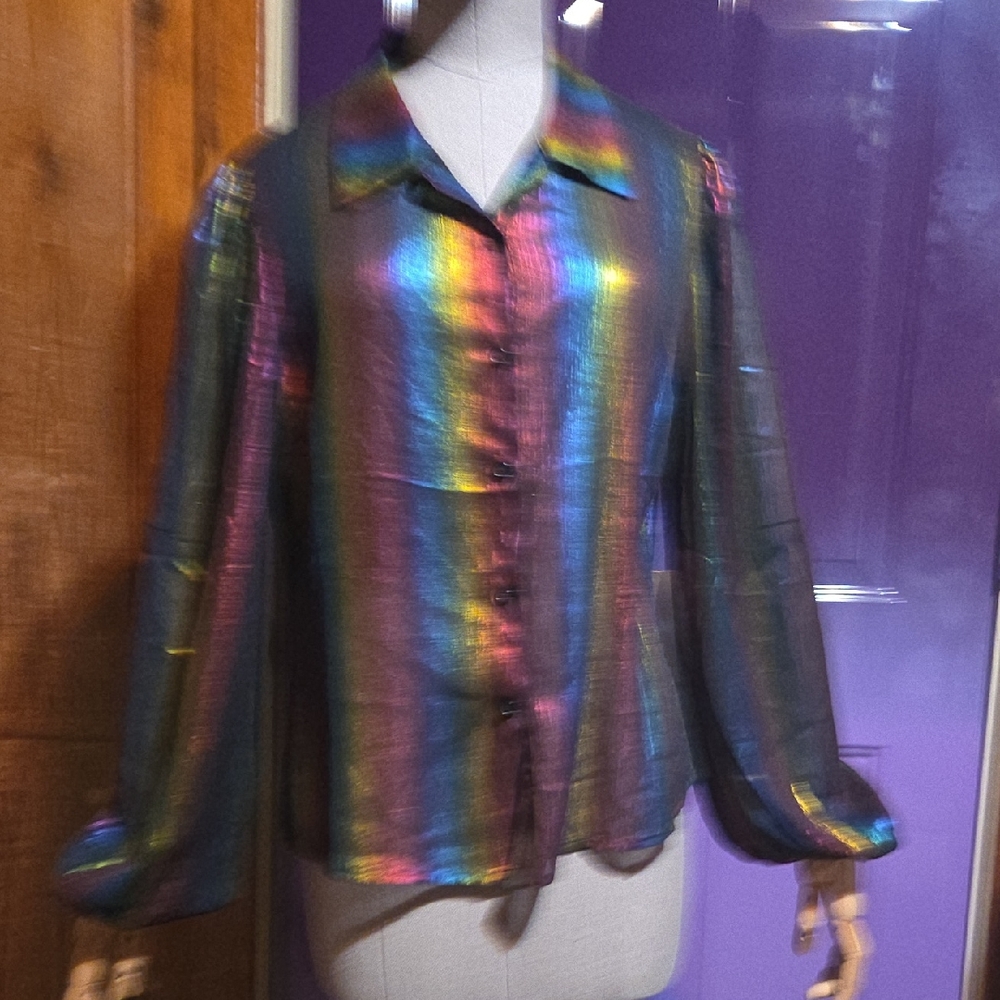 Peach Shiny Rainbow Color Button Up Shirt With Collar And Elastic Puff Sleeves